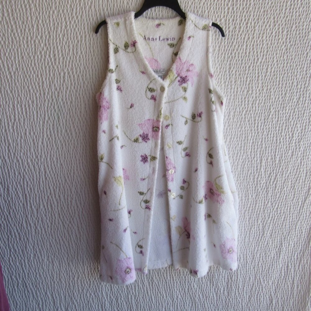 White Pink Floral Terry Robe Medium Anne Lewin New York Womens